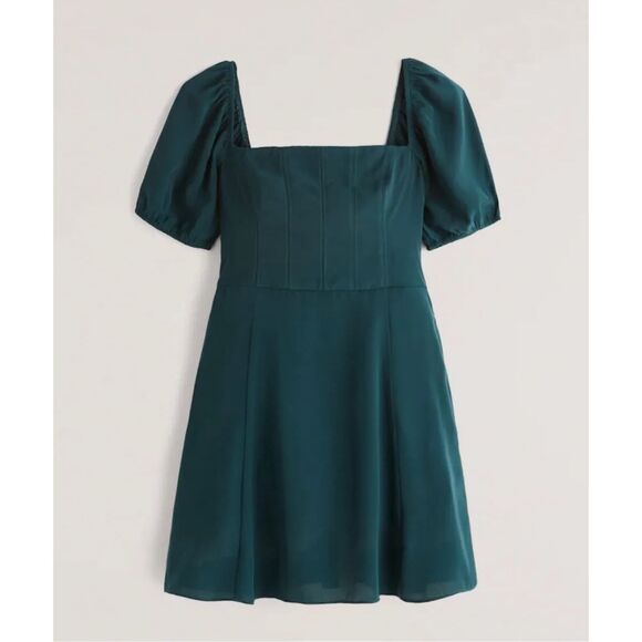 Abercrombie & Fitch Green Puff Sleeve Chiffon Mini Dress Size XS PETITE Corset - Picture 1 of 6